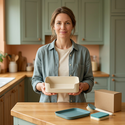 Adult female model presenting an empty ivory caddy with remaining concept components on counter
