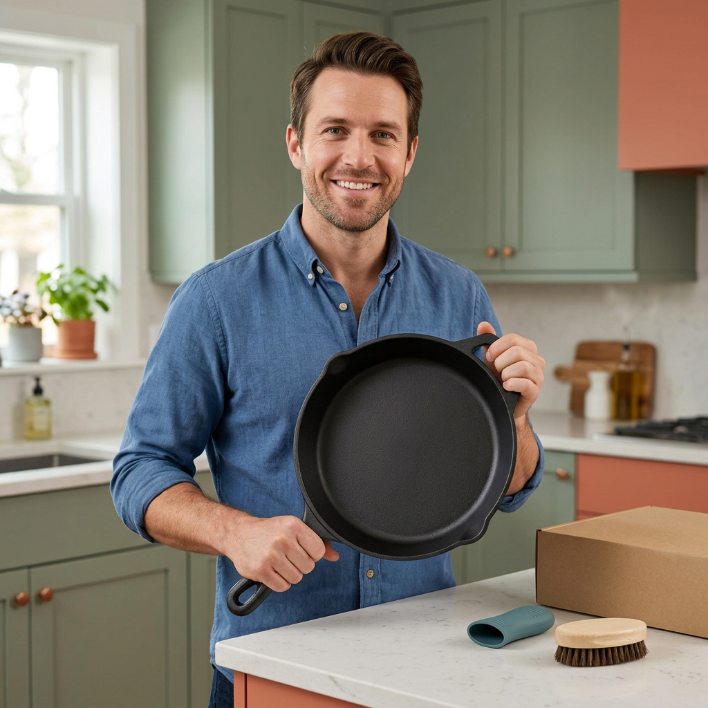 Adult male model presenting an empty unheated skillet concept using both handles