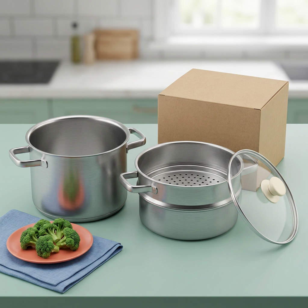 Empty unheated steamer cookware concept on a mint counter beside separate broccoli styling props