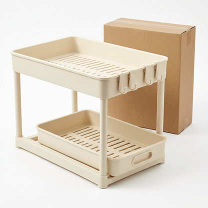 White-background two-tier organizer concept with lower handle and side hooks