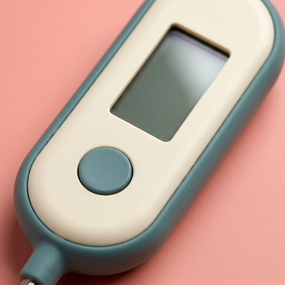 Concept close-up of blank LCD, ivory handle face and single unmarked teal button