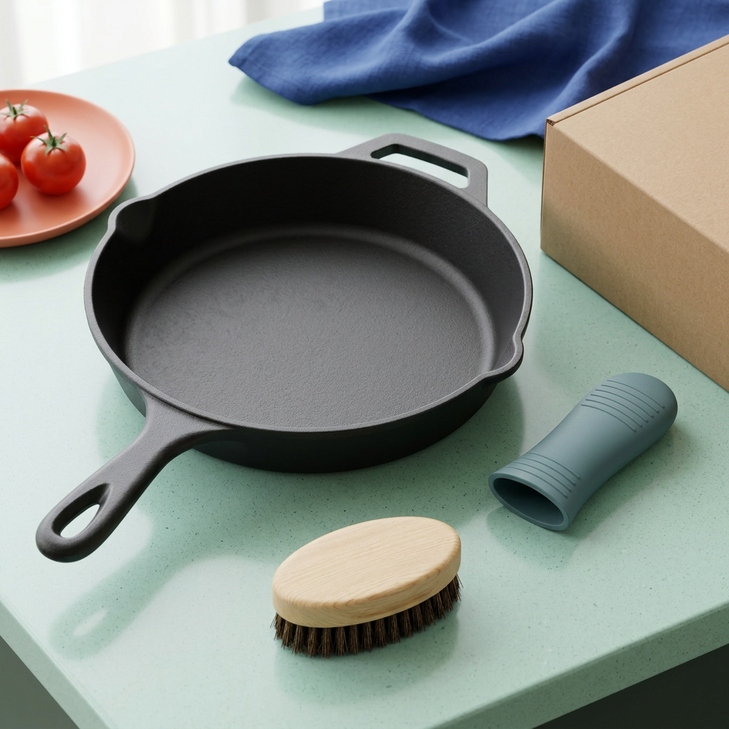 Empty unheated black skillet concept with separate sleeve and brush on a mint counter