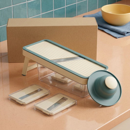 Manual Vegetable Slicer Set with Clear Catch Container, Round Hand Guard & Interchangeable Blade Cartridges in Ivory and Teal