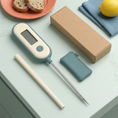 Thermometer concept set at rest on a mint preparation counter with bread as a background prop