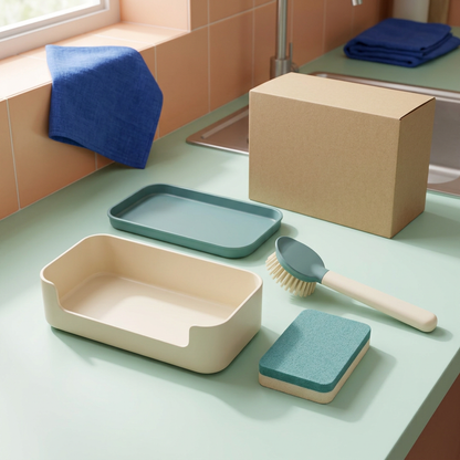 Dry caddy, separate tray, dish brush and sponge concept beside a kitchen sink
