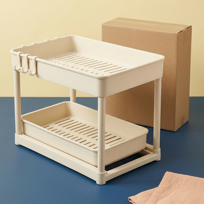 Alternate-angle concept view of ivory organizer with slotted trays