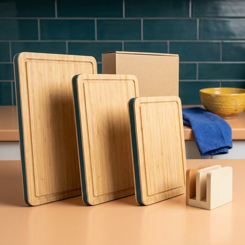 AI-generated concept of three bamboo boards with teal edging and a separate ivory stand