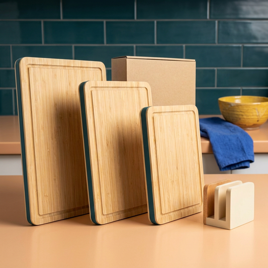 AI-generated concept of three bamboo boards with teal edging and a separate ivory stand